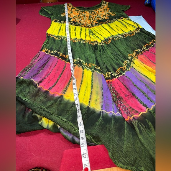 Green FESTIVAL GYPSY Flowy rayon DRESS NF Free Size COLORFUL Embroidered Tribal - Picture 9 of 16